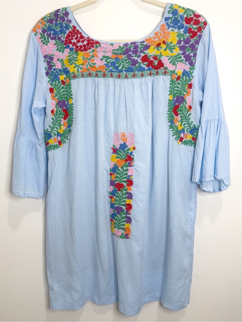 J.Marie Embroidered Bell Sleeve Mini Dress XS Light Blue Floral Cottagecore Boho
